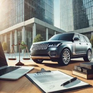 A luxury SUV parked in front of an office building with legal paperwork and a laptop on a desk in the foreground, symbolizing business vehicle ownership and insurance considerations.