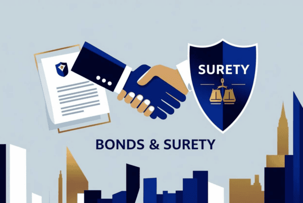 Illustration showing a handshake between two people with a legal document and a shield labeled "Surety," symbolizing bonds and surety agreements.